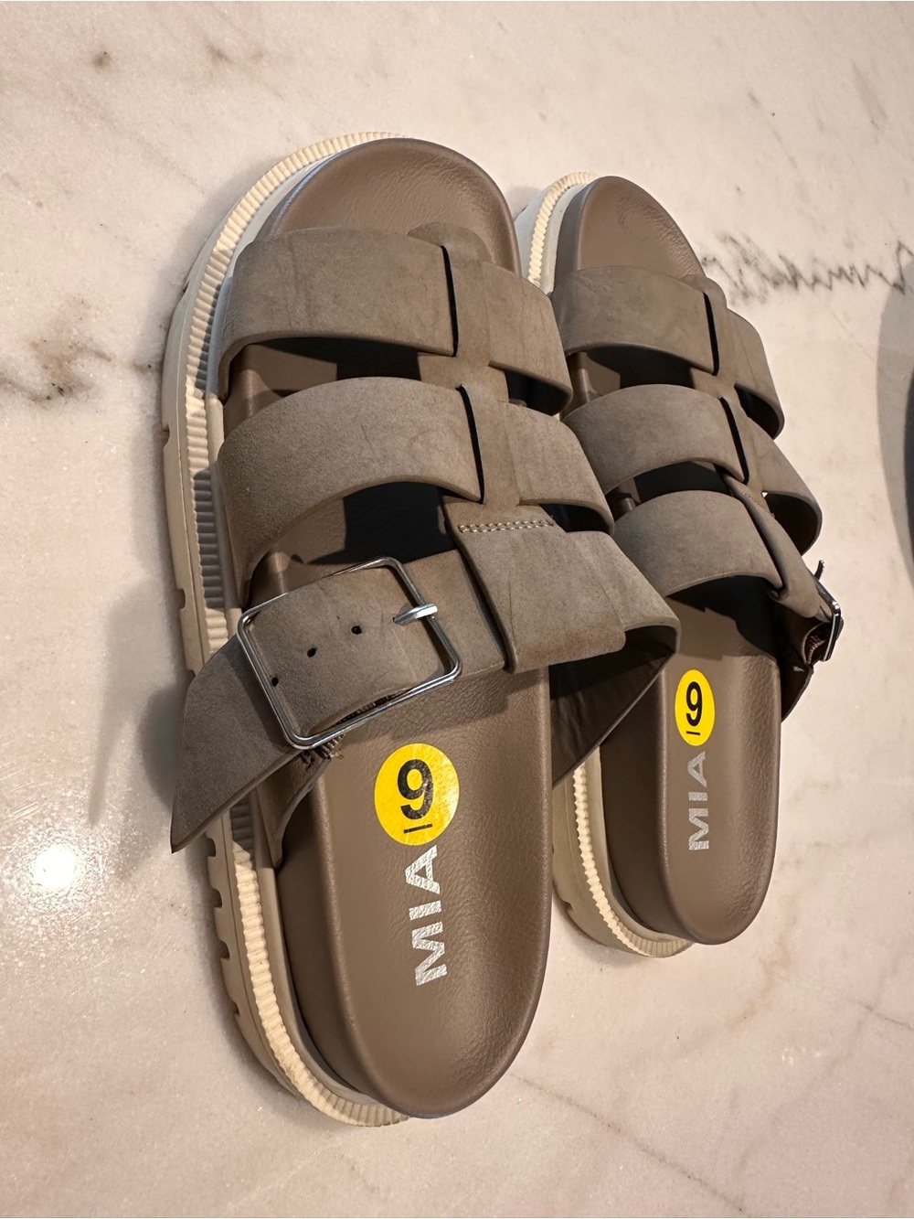 MIA Taupe Suede Double Strap Buckle Slides with Cream Sole